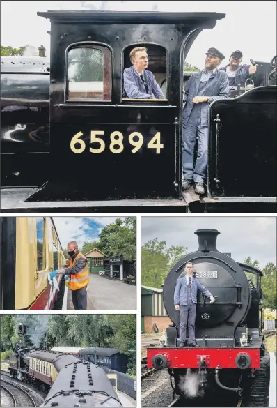  ?? PICTURES: JAMES HARDISTY. ?? ACTION STATIONS: Main picture top, fireman James Conway, driver Tim King and assessor Robert Green on the Class J27 65894 steam locomotive at the North Yorkshire Moors Railway, which reopened after lockdown at the weekend; centre left, Jamie Suter, a member of cleaning team, sanitises a door handle; above left, James Conway on the Class J27 65894 at Pickering; above right, Robert Green shovelling coal.