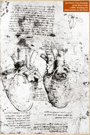  ??  ?? Da Vinci’s Two Drawings of the Heart from c.1480, detailing his observatio­ns on the heart
