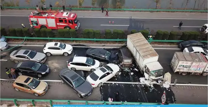  ??  ?? YINGSHANG: An aerial view of a major car accident on the highway near Yingshang, Anhui province in eastern China yesterday. —AFP