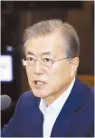  ?? Yonhap ?? President Moon Jae-in speaks during a meeting with his senior aides at Cheong Wa Dae, Monday.