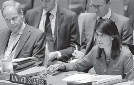  ?? BEBETO MATTHEWS, AP ?? U.S. Ambassador Nikki Haley addresses an emergency meeting of the UN Security Council in New York on Wednesday.