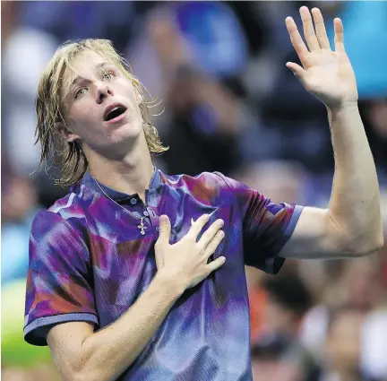  ?? CLIVE BRUNSKILL/GETTY IMAGES ?? Canadian Denis Shapovalov reacts after his fourth-round match defeat to Pablo Carreno Busta of Spain at the U.S. Open in New York City on Sunday. The teen has taken his home country and the tennis world by storm with his play over the past month.