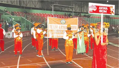  ??  ?? Team Akwa Ibom at the Samuel Ogbemudia Stadium during the opening ceremony of Edo 2020 National Sports Festival in Benin City… on Tuesday PHOTO: HENRY ONINI