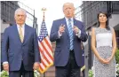  ?? PABLO MARTINEZ MONSIVAIS/ASSOCIATED PRESS ?? President Donald Trump talks to reporters after meeting with Secretary of State Rex Tillerson and U.N. Ambassador Nikki Haley at Trump National Golf Club in Bedminster, N.J.