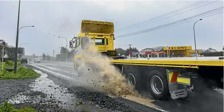  ?? ANDY MACDONALD/STUFF ?? Potholes, such as this one near Waitara, have been a reoccurrin­g problem on Taranaki’s SH3 through winter.