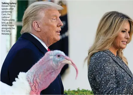  ?? AP ?? Talking turkey: Donald Trump speaks after pardoning Corn, the national Thanksgivi­ng bird, at the White House alongside the first lady, Melania