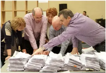  ??  ?? Returning Officer Marie Garahy (centre) with staff checking ballot papers during the 2016 General Election count in Wexford.