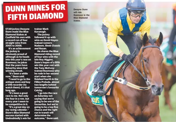  ??  ?? Dwayne Dunn will ride Roomooz in the Blue Diamond Stakes.