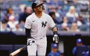  ?? John Minchillo / Associated Press ?? The Yankees' Gleyber Torres watches his three-run home run against the Blue Jays in the fourth inning on Wednesday in New York.