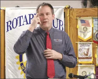  ?? Staff photo/ Corey Maxwell ?? Tri Star Career Compact Director Tim Buschur explains the thought process that lead to the creation of Tri Star in 1983 during his presentati­on to the New Bremen New Knoxville Rotary Club on Tuesday.