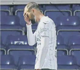  ?? ?? Christian Doidge trudges off after his red card against Ross County