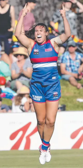  ?? Picture: AAP ?? TOO GOOD: Bulldog Bonnie Toogood celebrates after scoring a goal yesterday.