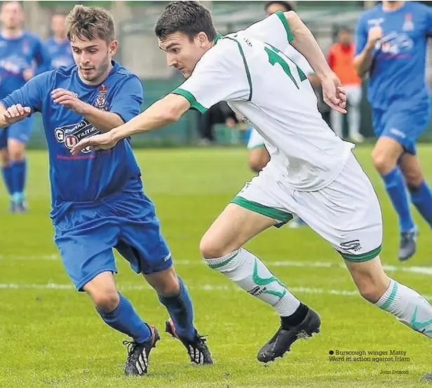  ?? Burscough winger Matty Ward in action against Irlam John Driscoll ??