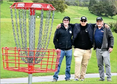  ?? CHRIS RILEY — TIMES-HERALD ?? Blue Rock Spring Golf Course Ast. General Manager Omar Choto, center, along with Tournament Director Kevin Parkhurst from the United Flyers of Sonoma, left, and Scott Riley Innova ambassador and assistant tournament director hope the completely full Valero Blue Roc Open disc golf tournament will bring people together this weekend in Vallejo.