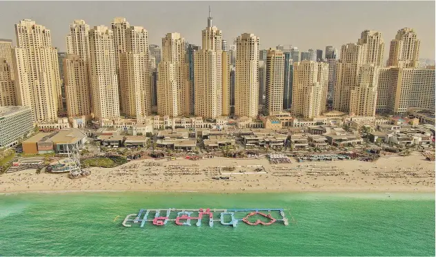  ??  ?? ↑ Aquafun has launched its renovated water theme park at JBR Beach in the form of the official logo of Dubai with the phrase “I love Dubai” .