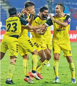  ?? ?? Hyderabad FC players celebrate after Javier Siverio scored the equaliser against Chennaiyin FC in their Indian Super League match on Thursday.