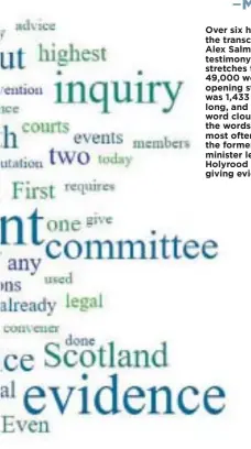  ??  ?? Over six hours, the transcript of Alex Salmond’s testimony stretches to 49,000 words. His opening statement was 1,433 words long, and this word cloud shows the words used most often. Inset, the former first minister leaves Holyrood after giving evidence