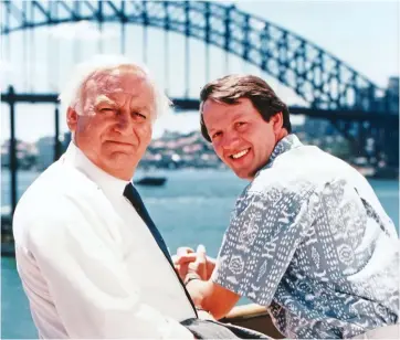  ??  ?? SLEUTHS ON TOUR: Kevin, right, in Sydney in 1999 with his Inspector Morse co-star John Thaw