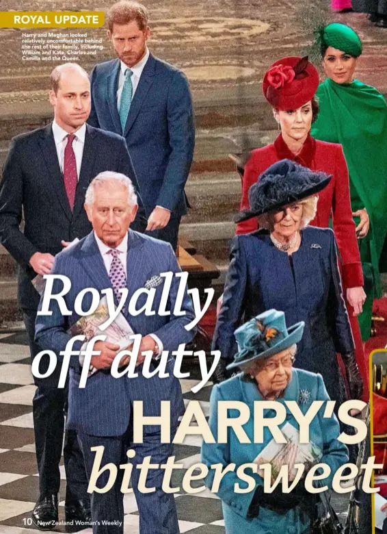  ??  ?? Harry and Meghan looked relatively uncomforta­ble behind the rest of their family, including William and Kate, Charles and Camilla and the Queen.