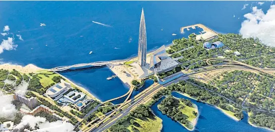  ??  ?? Ein Signal Moskaus an die Welt: So soll die Gazprom-Zentrale am Finnischen Meerbusen in St. Petersburg aussehen, wenn sie 2018 fertig ist.