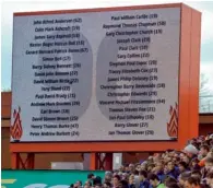  ?? AFP ?? Football spectators observe a minutes silence for the 25th Anniversar­y of the Hillsborou­gh Disaster with a billboard in the background displaying the names of those who were killed, ahead of the match between Stoke City and Newcastle United. —