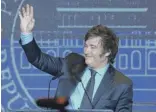  ?? NATACHA PISARENKO/AP ?? Javier Milei waves during his victory speech in Buenos Aires on Sunday.