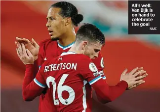  ?? NMC ?? All’s well: Van Dijk is on hand to celebrate the goal