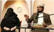  ??  ?? Shaykh Dr Muhammad Umar al-Qadri holds a press conference at the Al Mustafa Islamic Centre in Blanchards­town with a women who only went by the name of Aaliya and who met London Bridge terrorists Khuram Butt and Rachid Redouane (below, right and left)...