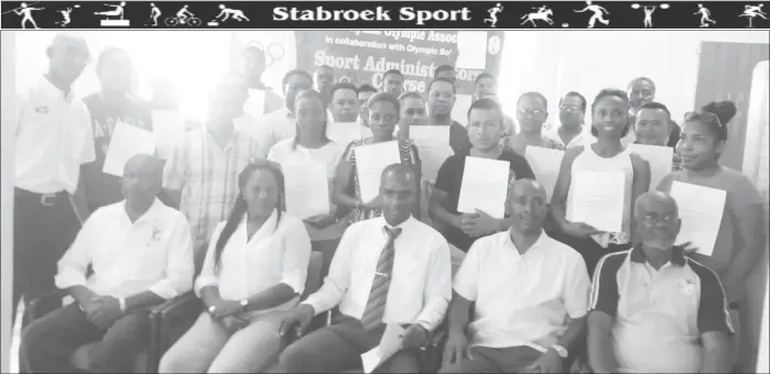  ??  ?? The newly Certified Sports administra­tors pose with some of the lecturers following the completion of the course on Sunday.