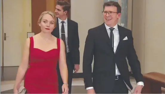  ??  ?? Federal member of Parliament Alan Tudge arrives at the 2017 Mid-winter Ball in the company of Liberal staffer Rachelle Miller who he was having an affair with.