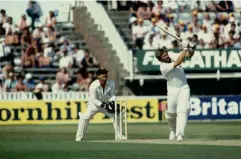  ?? (Getty) ?? Botham hits a four during the fourth Test against Australia at Edgbaston in 1981