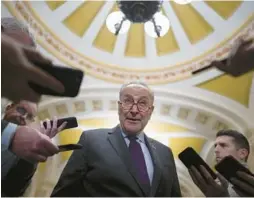  ?? J. SCOTT APPLEWHITE/AP ?? Senate Majority Leader Chuck Schumer talks to reporters ahead of the marriage bill vote Tuesday.