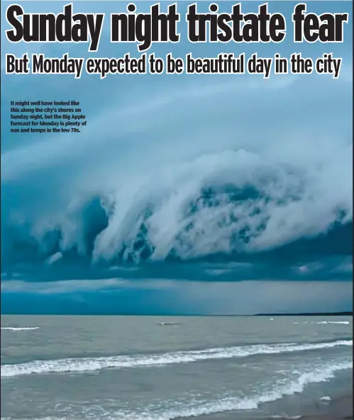  ?? ?? It might well have looked like this along the city’s shores on Sunday night, but the Big Apple forecast for Monday is plenty of sun and temps in the low 70s.