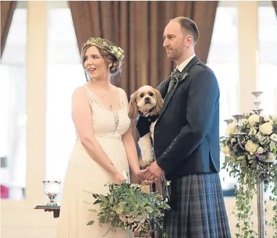  ?? Picture: Crieff Photograph­y. ?? Katie and husband Laurie on their wedding day, with ring-bearer Baxter.