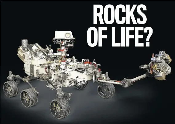  ??  ?? An artist rendering depicts NASA’s Mars 2020 rover, with its robotic arm extended.