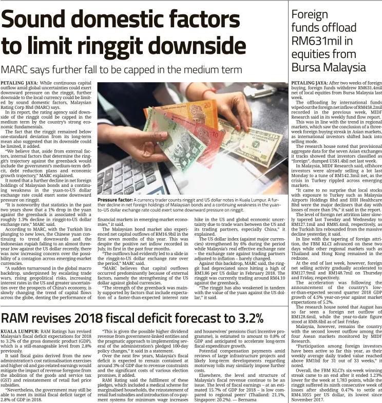  ??  ?? Pressure factor: A currency trader counts ringgit and US dollar notes in Kuala Lumpur. A further decline in net foreign holdings of Malaysian bonds and a continuing weakness in the yuanto-US dollar exchange rate could exert some downward pressure on ringgit.