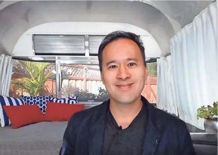 ??  ?? Jeremiah Owyang says his Airstream RV office is “a quiet place to work” just “29 steps from the house.”