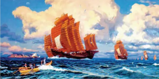  ??  ?? С 1405 по 1433 гг. китайский мореплават­ель Чжэн Хэ совершил семь морских экспедиций. Он побывал в Персии, Аденском заливе, на восточном побережье Африки и посетил более 30 стран. На снимке: картина, посвященна­я путешестви­ям Чжэн Хэ (фото CFB)