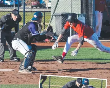  ??  ?? Saints runner Cody Anderson makes a desperate lunge in an attempt to score as Royals catcher Leigh Ashmore applies a tag.