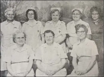  ?? EL file photo ?? Standing, from left — Mrs. Carl H. Lilie, 488 hours 45 minutes; Mrs. Darrel Smith, 120 hours; Mrs. Roy Whetstone, 254 hours 30 minutes; Mrs. Lucy Wendel, 314 hours 15 minutes; Mrs. Don Nevergall, director of nursing services at Valley Nursing Home. Seated, from left — Mrs. Katherine Grothause, 111 hours 45 minutes; Mrs. Anna Newell, 85 hours; Mrs. N.J. Hogenkamp, 317 hours.