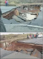  ?? PICTURES: FACEBOOK ?? SUNK: Both lanes on the eastbound carriagewa­y of the John Ross Highway, heading into Richards Bay from Empangeni, collapsed yesterday in peak-hour traffic. While authoritie­s will be investigat­ing, fears are that the two westbound lanes could also be...