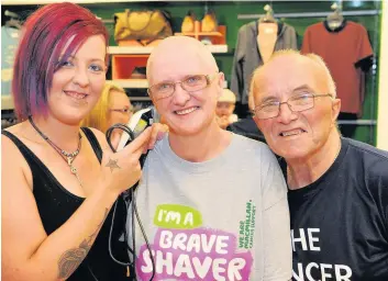  ??  ?? Close shave (left to right)Valdis stylist Michaela Cunningham, Lorraine Marshall and Andrew Faulds