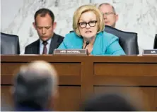  ?? J. Scott Applewhite / Associated Press ?? Sen. Claire McCaskill, at a Capitol Hill hearing, questions Air Force brass about the military’s handling of sexual assaults.