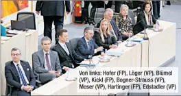  ??  ?? Von links: Hofer (FP), Löger ( VP), Blümel ( VP), Kickl (FP), Bogner-Strauss ( VP), Moser ( VP), Hartinger (FP), Edstadler ( VP)