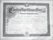  ?? , ?? A death certificat­e sent to the family of Harry Dingwall. shows he was killed at the battle of Vimy Ridge in the First World War in 1917.