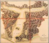  ??  ?? Cette gravure d’époque représente les deux navires du roi Louis XVI à l’ancre dans la baie de Lituya.
Lituya Bay cartograph­ié par les ingénieurs de La Pérouse. La carte est précise au degré près !