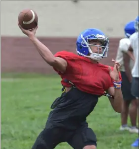  ?? PETE BANNAN – MEDIANEWS GROUP ?? Academy Park quarterbac­k Barry Brown, seen during training camp, ran for 132 yards and threw a touchdown pass in the Knights’ 13-0 season opening win over Pennsbury Friday night.