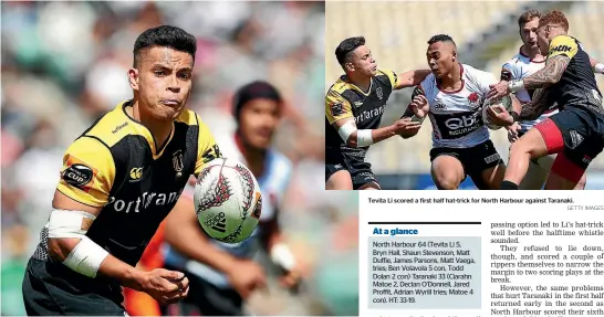  ?? HANNAH PETERS/GETTY IMAGES GETTY IMAGES ?? Taranaki first five-eighth Ciarahn Matoe scored two tries against North Harbour. Tevita Li scored a first half hat-trick for North Harbour against Taranaki.