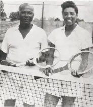  ?? Courtesy Johnson family ?? Left: Althea Gibson plays at the West Side Tennis Club in Forest Hills, N.Y., where she won the 1957 and 1958 U.S. Championsh­ips, now called the U.S. Open. Above: with mentor Dr. R. Walter Johnson.