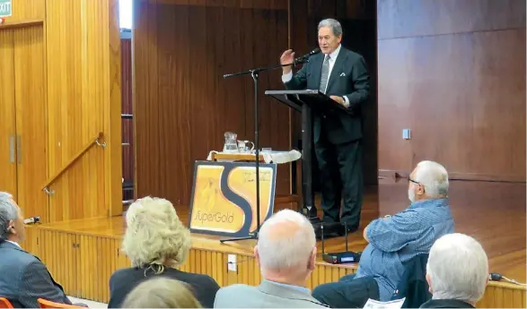  ?? PHOTO: ELEANOR WENMAN/FAIRFAX NZ ?? NZ First leader Winston Peters addresses a crowd of Upper Hutt Grey Power members at the Hapai Club Rooms.